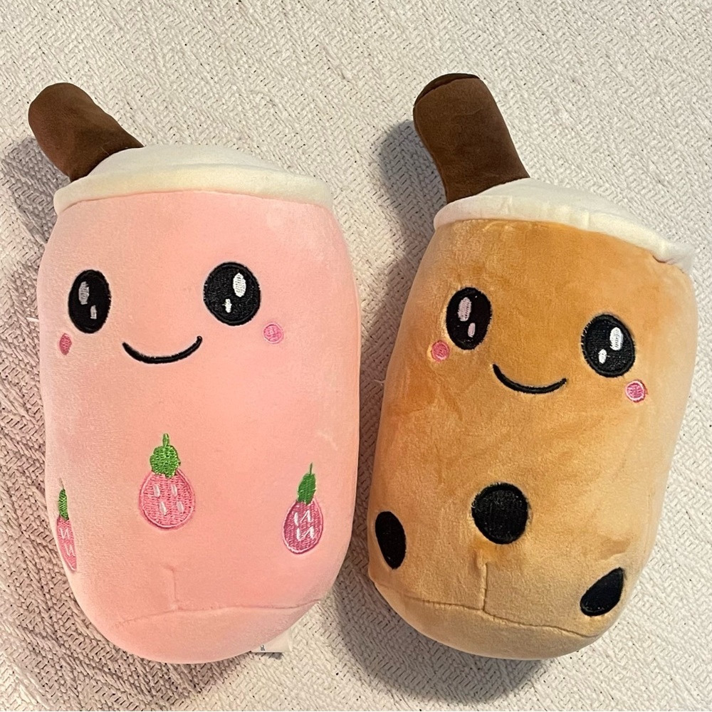 Boba Bubble Tea Mocha Plush 9” Brown  & Pink Strawberry Set Plushie Pillow NWOT